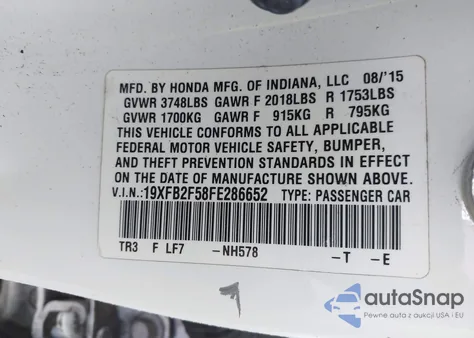 2015 Honda Civic Lx z USA, uszkodzony, nr VIN 19XFB2F58FE286652